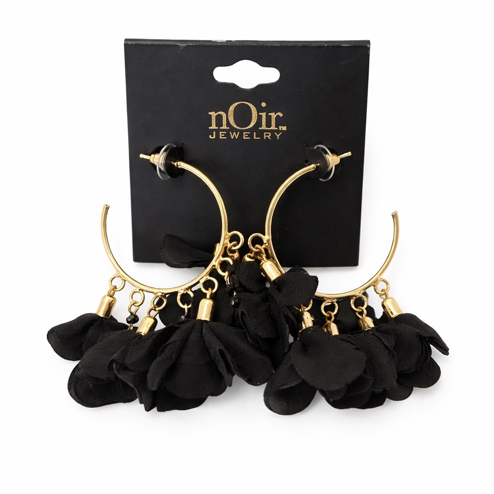 nOir Jewelry Black Floral Hoop Earrings Gold Tone Statement New